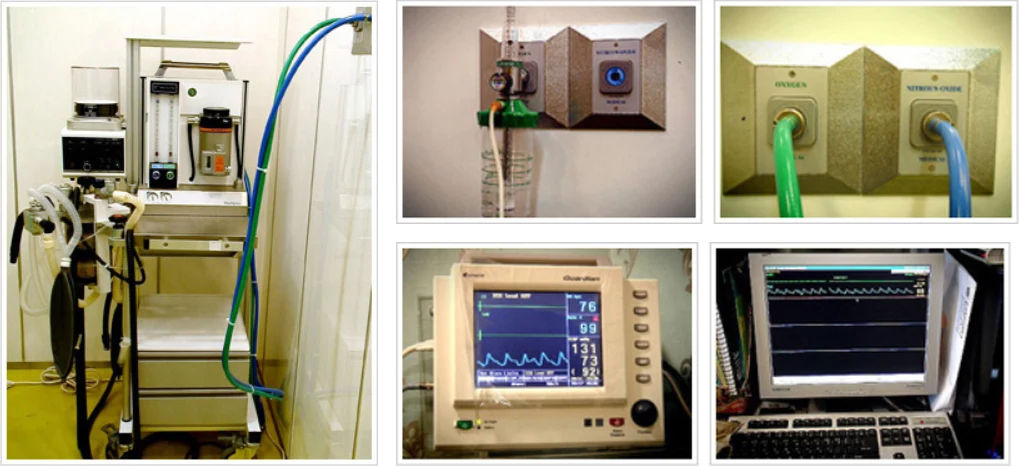 Operating room safety equipment: a pressure-sensing anesthesia machine, a central oxygen supply and an end-tidal CO2 monitor