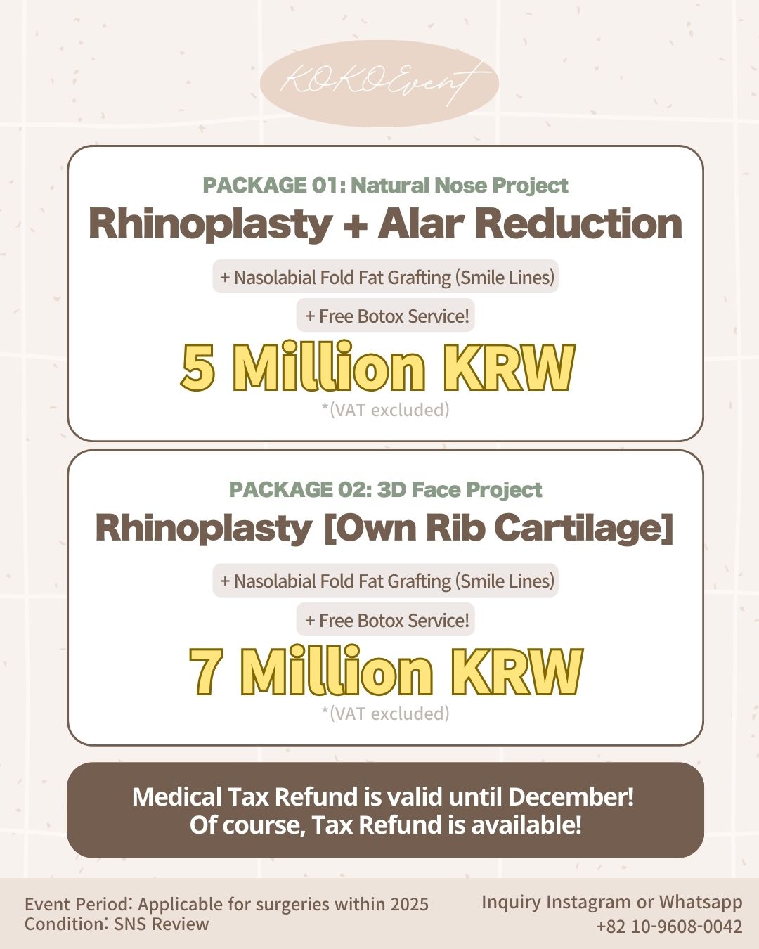 KOKO Rhinoplasty+Basic Rhinoplasty+Medical Tax Refund+Kbeauty+KOREARhinoplasty 2 | Korea's Top Nose Revision Specialist KOKO Plastic Surgery's Korean Rhinoplasty package event flyer. The image features Dr. Cho Bae-Jung, a specialist with 25 years of experience at Apgujeong's first nose specialty clinic. It shows before-and-after profile photos of patients. The "Basic Rhinoplasty" package is priced from 3.5 Million KRW, including ear cartilage, septal cartilage, and alar base fat grafting. The event is on a first-come, first-served basis for surgeries within 2025.