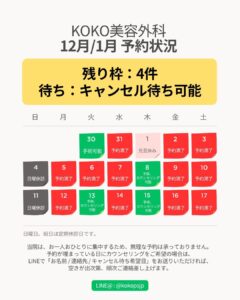 韓国ココ美容外科の韓国鼻整形に関する12月/1月の予約状況案内画像。残り枠は4件で、キャンセル待ちも可能。カレンダー形式で手術可能日・カウンセリング可能日・予約満了日が色分けされて表示されている。日曜日と祝日は休診日との案内と、LINEで予約・キャンセル待ち問い合わせができる旨が記載されている。