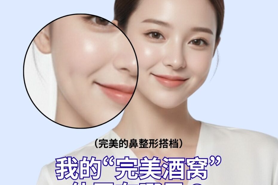 韩国 KOKO整形外科 的宣传海报,主题为“寻找最适合我的酒窝位置”。画面展示了一位拥有迷인微笑的女性,并放大强调了她脸颊上自然可爱的酒窝。文字提示该项目可与“鼻部整形”完美搭配,打造更加精致自然的韩系面孔。