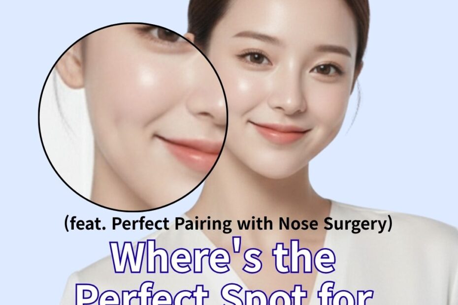 Promotional graphic for Koko Plastic Surgery, a Korean plastic surgery clinic, featuring a smiling woman with a highlighted dimple on her cheek. The text asks, "Where's the Perfect Spot for My Dimples?" and suggests a "Perfect Pairing with Nose Surgery". The image emphasizes achieving a natural and balanced look through professional aesthetic procedures.
