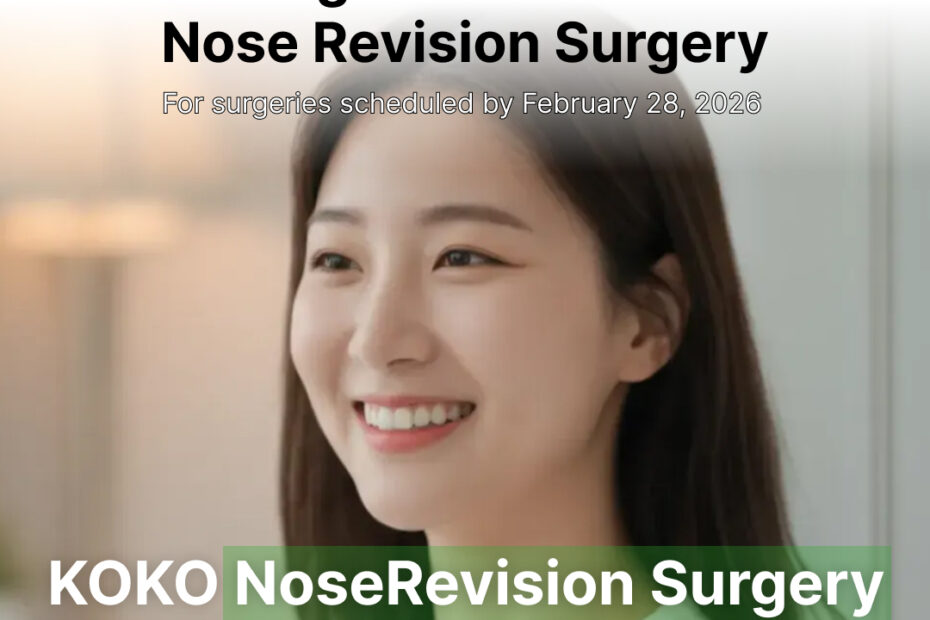 KOKO Plastic Surgery Clinic promotion for restoring damaged noses through revision surgery. Offering special review model rates starting from 3.3 million KRW for nose revision surgery scheduled by February 28, 2026. Aimed at patients seeking their final corrective procedure to end the cycle of revision surgeries. Nose Revision Surgery