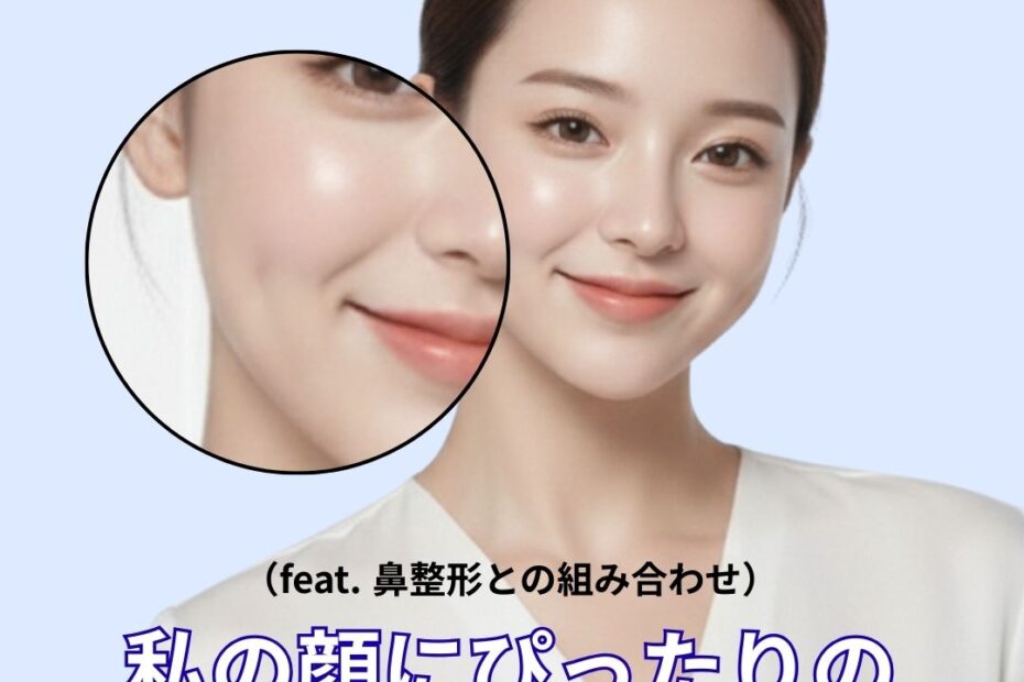 韓国の美容整形外科「KOKO美容外科」による、自分に似合うえくぼの位置を見つけるための案内画像。清潔感のある女性の顔がアップになっており、頬のえくぼが強調されています。テキストには「私の顔にぴったりの『私のえくぼ』の位置は？（feat. 鼻整形との組み合わせ）」と書かれています。