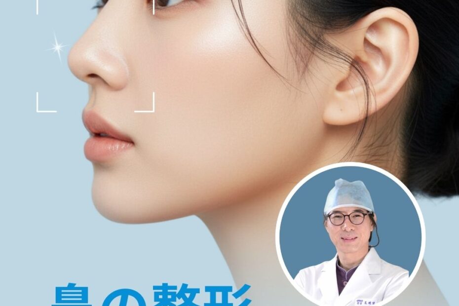 韓国の鼻整形専門「KOK美容外科」の広告画像。左側に美しい横顔の女性、右側に白衣を着たチョ・ベジョン院長の顔写真が配置されている。テキストには「鼻の整形、自信があります！」「#25年無事故の経歴」「#韓国初の鼻専門美容外科」と書かれている。