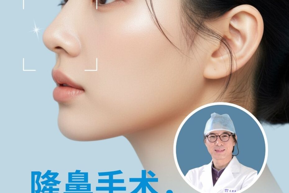 韩国KOK美容外科的宣传海报。左侧是一位拥有精致侧颜的女性，右侧圆形区域内是赵培正院长的身着白衣的照片。文字内容包括：“隆鼻手术，我们充满自信！”，并附带三个标签：#25年无事故经验、#韩国首家专业鼻部整形外科。