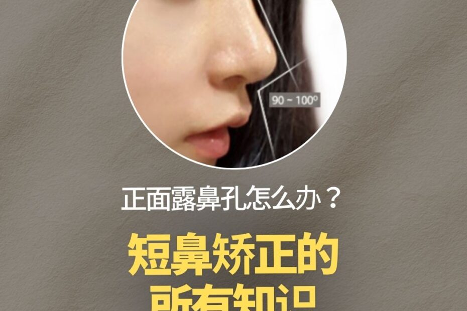KOKO整形外科的宣传海报。中间是一个圆形的女性侧脸照片，上面用线条标示出了理想的鼻部角度：115~130度和90~100度。照片下方是一行白色文字“正面露鼻孔怎么办？”，紧接着是黄色的醒目大字“短鼻矫正的所有知识”。最下方是一个黄色的按钮，上面写着“查看黄金比例