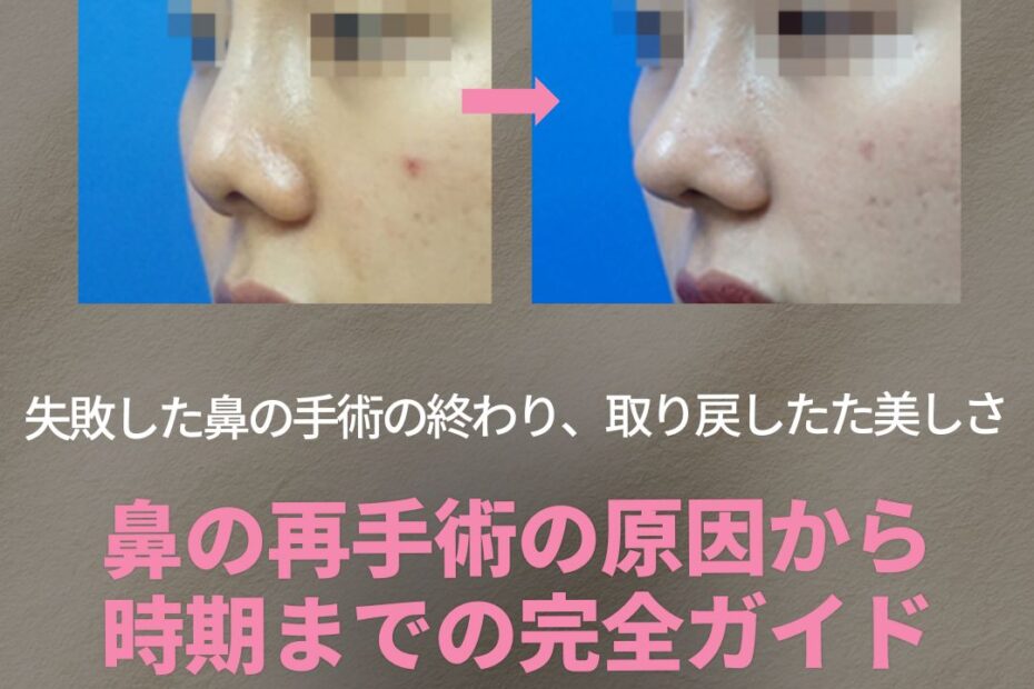 KOKO美容外科「鼻の再手術の原因から時期までの完全ガイド」の案内画像。女性の鼻のビフォーアフター写真とともに、「失敗した鼻の手術の終わり、取り戻した美しさ」というキャッチコピーと「確認しに行く」ボタンが配置されている。